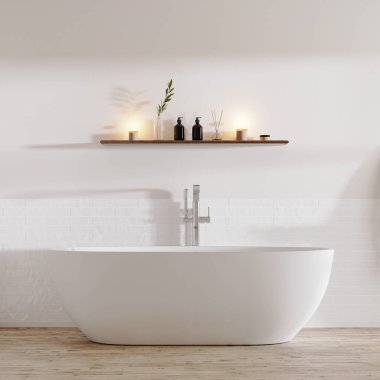 Modern minimalist banyo. Küvetli ve raflı. Üzerinde süsleme var.