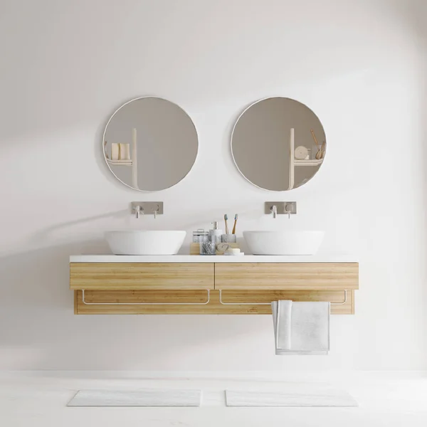 Bagno Interno Con Specchio Rotondo Doppio Lavabo Armadi Legno Chiaro — Foto Stock