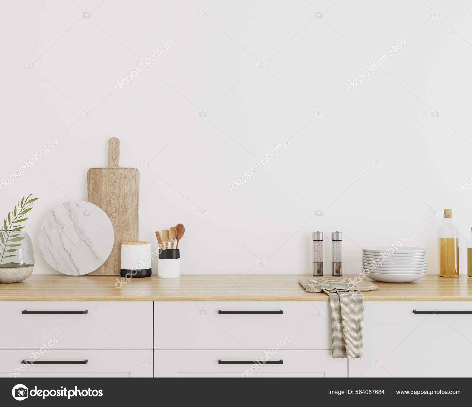 Modern Light Kitchen Interior Wall Mockup Render — Stock Photo © Shcherban  #564057684, image size:1600x1380