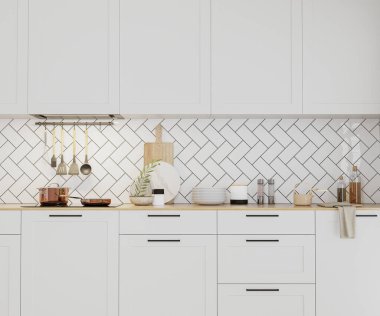 Modern mutfak içi beyaz dolaplar ve fayanslarla, mutfak gereçleri ile tezgah, 3D görüntüleme