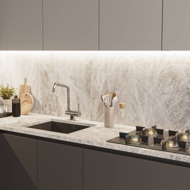Modern mutfak iç mekanı, koyu ışıklı dolaplar, soba ve lavabo, mutfak malzemeleri, 3D işleme.