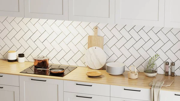 Mutfak tezgahını mutfak gereçleri ve sobayla kapatın.