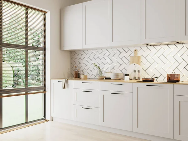 home kitchen interior with garden view window in white colours, 3d rendering