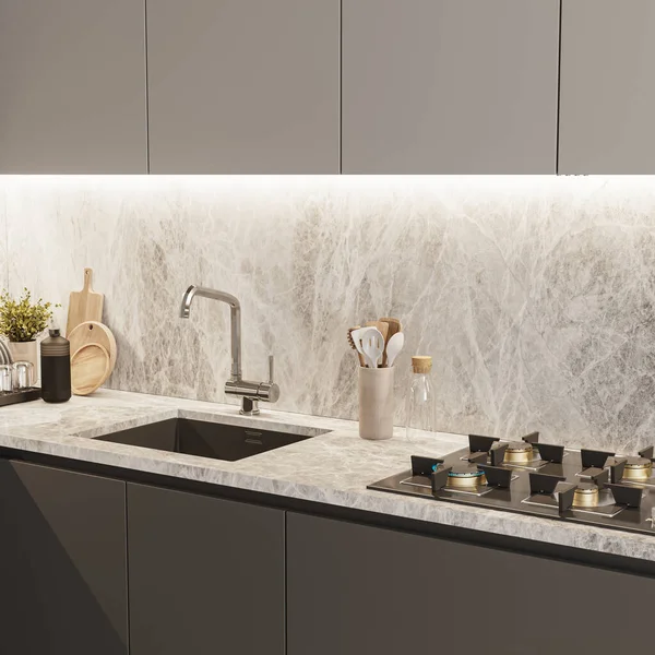 Modern mutfak iç mekanı, koyu ışıklı dolaplar, soba ve lavabo, mutfak malzemeleri, 3D işleme.