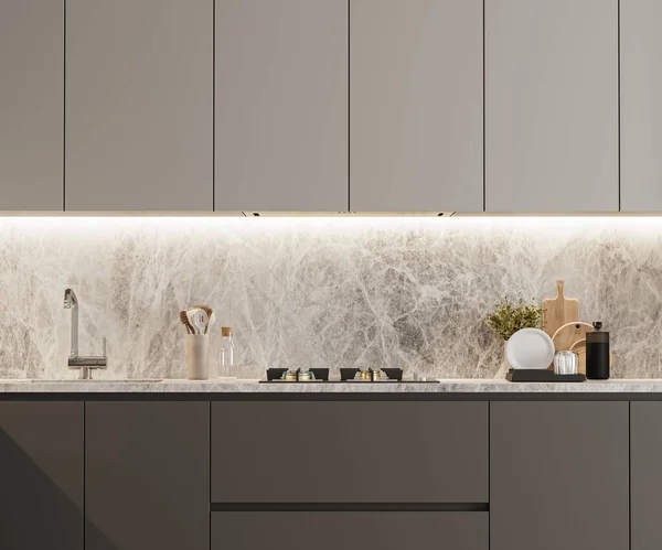 Kitchen Cabinets Gray Color Modern Kitchen Interior Render — ストック写真