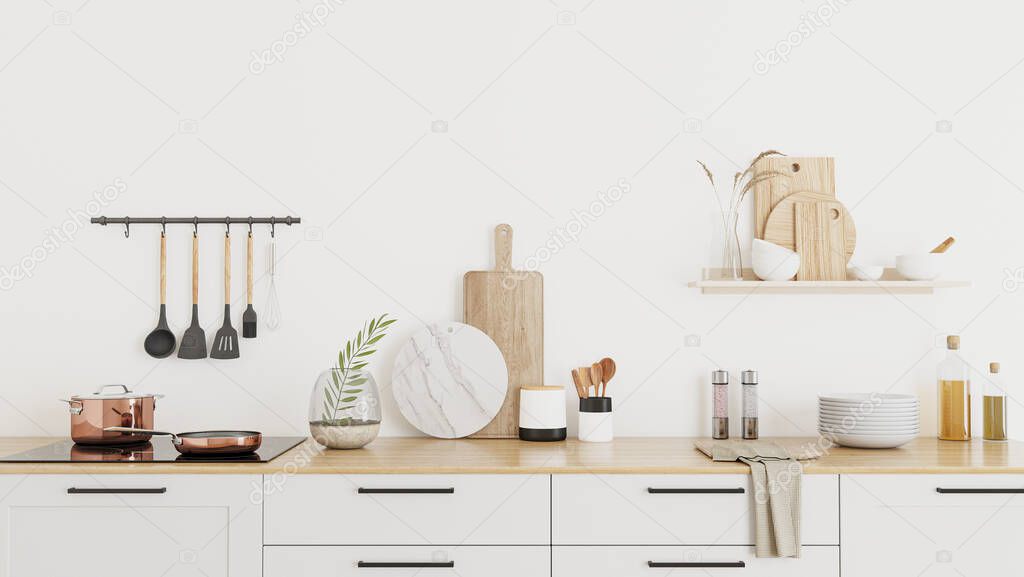 kitchen interior in farmhouse style, wooden countertop with kitchen utencils, stove, 3d rendering