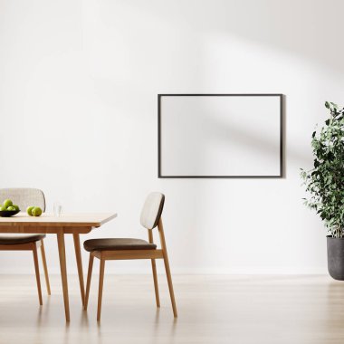 Beyaz duvarda boş bir çerçeve, yemek masası ve sandalyeli bir oda, 3D görüntüleme.