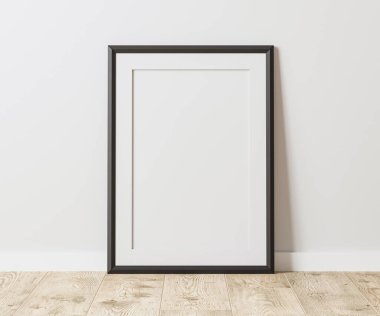 Blank blackframe with mat on wooden floor with white wall, 3:4 ratio, 30x40 cm, 18x24 inches, poster frame mock up, 3d rendering