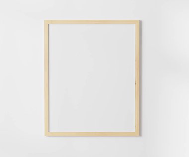 Beyaz duvardaki ahşap boş çerçeve, 4: 5 oranında - 40x50 cm, 16 x 20 inç, poster çerçeve modeli, 3d oluşturma