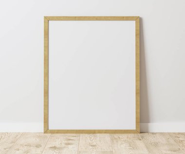 Ahşap zemin üzerinde boş tahta çerçeve, beyaz duvarlı, 4: 5 oranında - 40x50 cm, 16 x 20 inç, poster çerçeve modeli, 3d görüntüleme