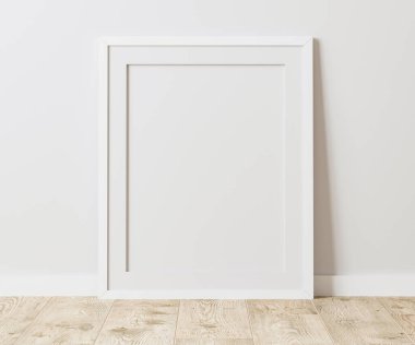 Boş beyaz çerçeve ahşap zemin üzerinde beyaz duvarlı, 4: 5 oranında - 40x50 cm, 16 x 20 inç, poster çerçeve modeli, 3d görüntüleme