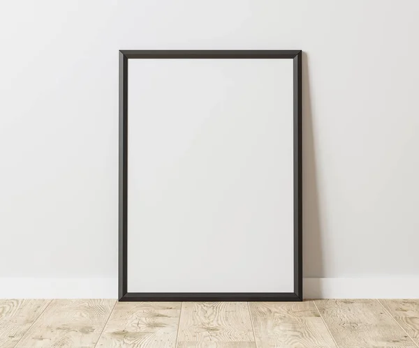 Blank Vertical black frame on wooden floor with white wall, 3:4 ratio, 30x40 cm, 18x24 inches, poster frame mock up, 3d rendering