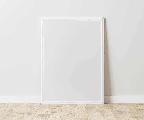 木地板上的空白垂直白色框架 白色墙壁 30X40厘米 18X24英寸 海报框模拟 3D渲染 — 图库照片