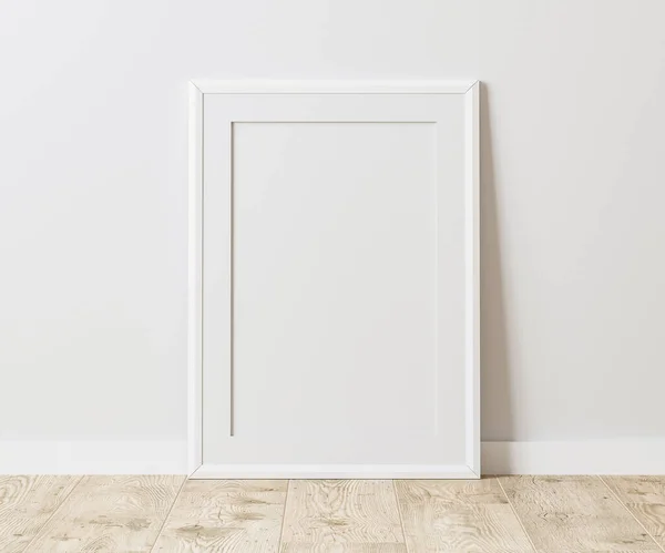 空白白色框架 木制地板上有垫子 白色墙壁 30X40厘米 18X24英寸 海报框架模型 3D渲染 — 图库照片