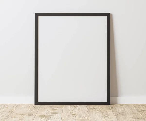 Blank Vertical Black Frame Wooden Floor White Wall Ratio 40X50 — Stockfoto