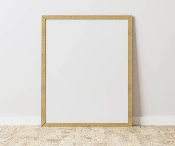 白墙木地板上的空白直立木框架 40X50厘米 16X20英寸 海报框架模拟 3D渲染 — 图库照片