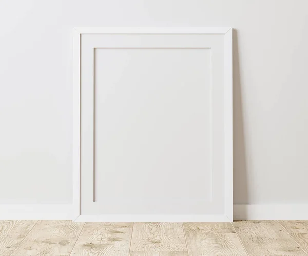 Blank white frame with mat on wooden floor with white wall, 4:5 ratio - 40x50 cm, 16 x 20 inches, poster frame mock up, 3d rendering