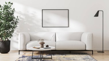 frame mockup in living room interior with white wall and furniture, 3d render clipart
