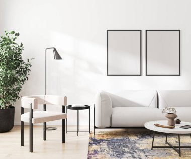 boş poster çerçeveleri modern oturma odası iç plan, 3D görüntüleme