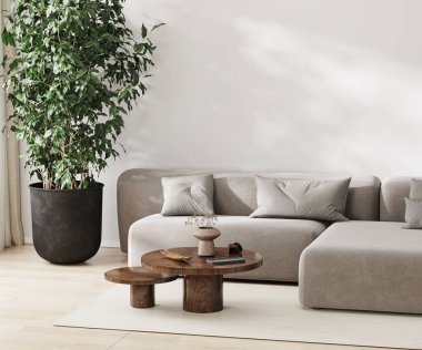 living room interior mockup with gray sofa, scandinavian style, 3d rendering clipart