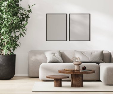 Two blank frames mock up in modern living room interior, minimalist style, 3d rendering clipart
