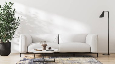 modern living room mock up with white sofa, coffee table, modern rug, floor lamp and empty white wall, living room interior background, 3d rendering clipart