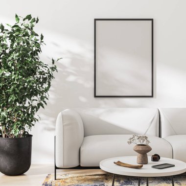poster frame mock up in living room interior in white tones, 3d rendering clipart