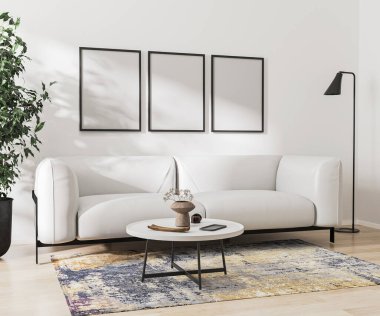 boş poster çerçeveleri ev içi modelleri beyaz duvarda, 3D görüntüleme