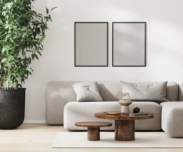 Zwei Leere Rahmen Modernen Wohnzimmerinterieur Minimalistischer Stil Rendering — Stockfoto