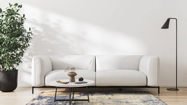 Moderne Wohnzimmerattrappe Mit Weißem Sofa Couchtisch Modernem Teppich Stehlampe Und — Stockfoto