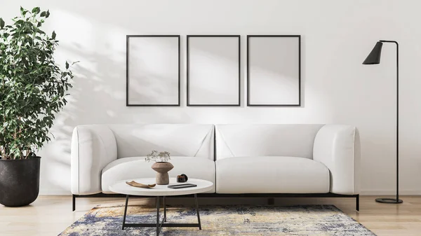 Leere Plakatrahmen Attrappe Skandinavischen Wohnzimmerstil Moderner Wohnzimmerhintergrund Weißes Sofa Und — Stockfoto