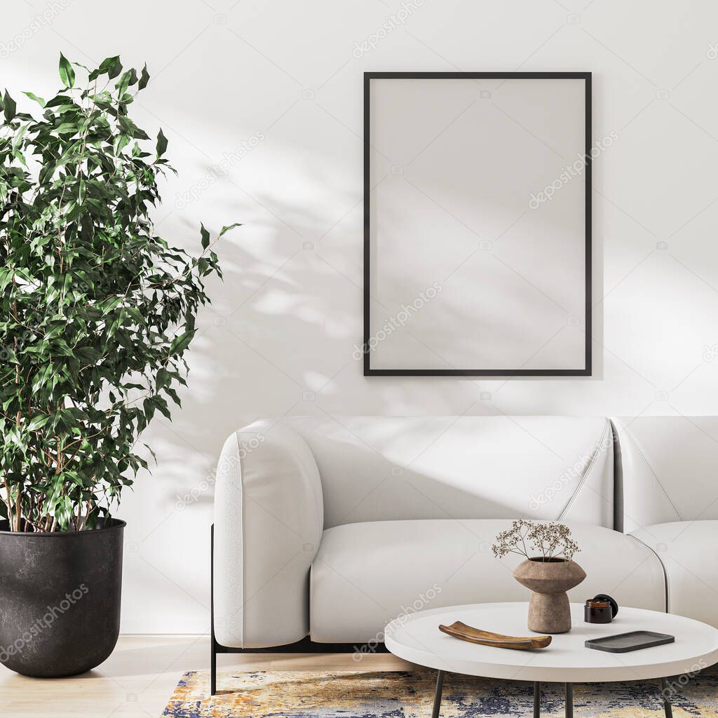 poster frame mock up in living room interior in white tones, 3d rendering