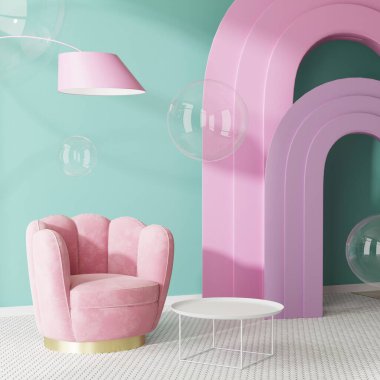 Yeşil duvarlı iç tasarım, pembe mobilyalar ve kemerler, sabun köpükleri, sürreal iç mekan konsepti, 3D