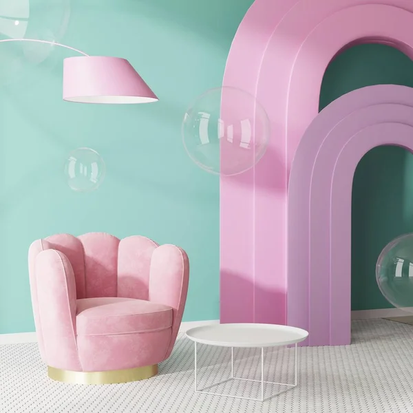 interior design with green wall, pink furniture and arches, with soap bubbles, surreal interior concept, 3d render