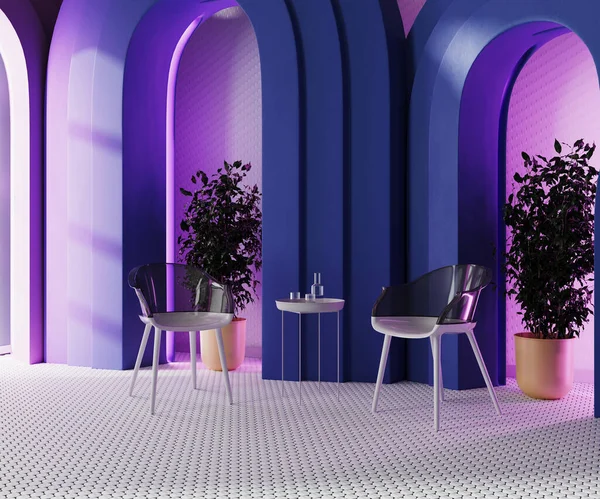 chairs and table in modern room with blue arches, pink neon light and white mosaic tiled floor, 3d render