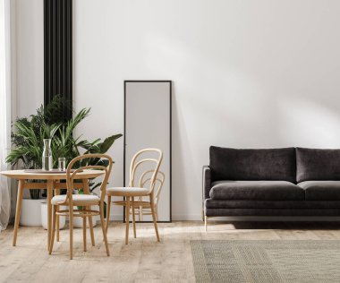 Modern oturma odası iç mekan, iç mekan, İskandinav tarzı, 3D tasarım.