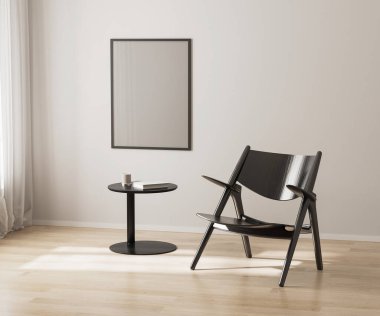 Beyaz duvarda poster çerçevesi, siyah sandalye ve sehpa, 3D görüntü.