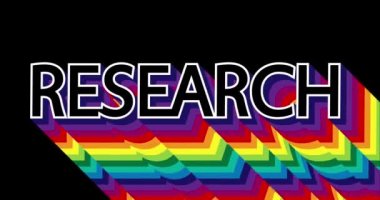 Araştırma yapıyorum. Siyah arkaplanda gökkuşağı renginde uzun katmanlı çok renkli gölgeye sahip 4k animasyon metni.