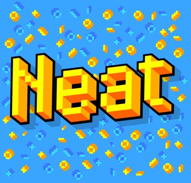 Geometrik grafik arkaplanı olan düzgün pikselli bir kelime. Vektör çizgi film illüstrasyonu.