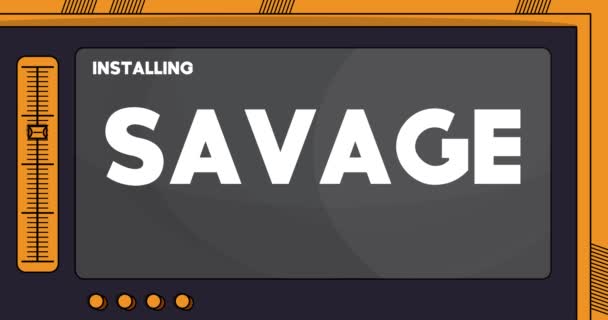 Komputer Kreskówkowy Słowem Savage Wiadomość Wideo Ekranie Wyświetlającym Okno Instalacji — Wideo stockowe