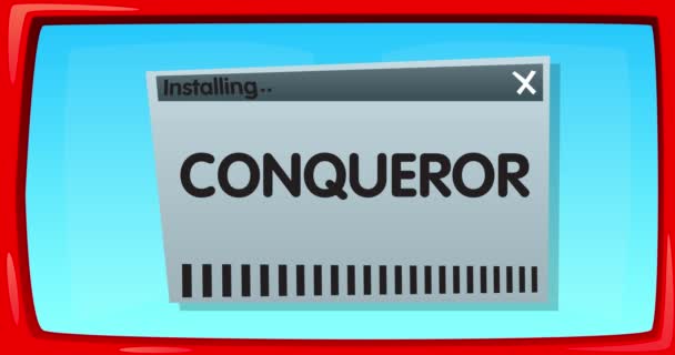 インストールウィンドウ内のConquerorの単語を持つ抽象的な漫画画面 — ストック動画