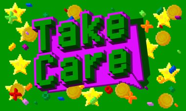 Geometrik arkaplanı olan dikkatli pixelated kelime alın. Vektör çizgi film illüstrasyonu.