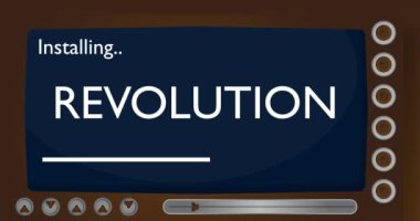 Cartoon Computer With the word Revolution. Video message of a screen displaying an installation window.