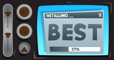 En iyi kelimesi olan çizgi film bilgisayarı. Kurulum penceresini gösteren bir ekranın iletisi.