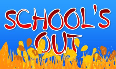 Okul bitti. Çizgi film tarzında Çocuk yazıtipi ile yazılmış sözcük.