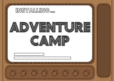 Macera Kampı sözcüğüyle çizgi film bilgisayarı. Kurulum penceresini gösteren bir ekranın iletisi.