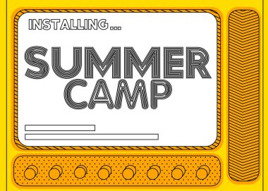 Cartoon Computer With the word Summer Camp. Message of a screen displaying an installation window.
