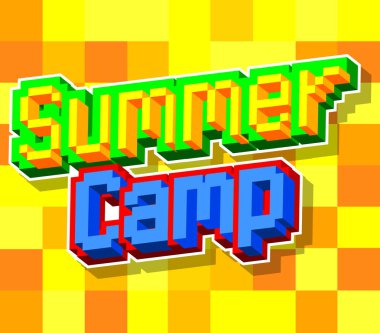 Yaz kampı. Geometrik arkaplanlı pikselli kelime. Vektör çizgi film illüstrasyonu.