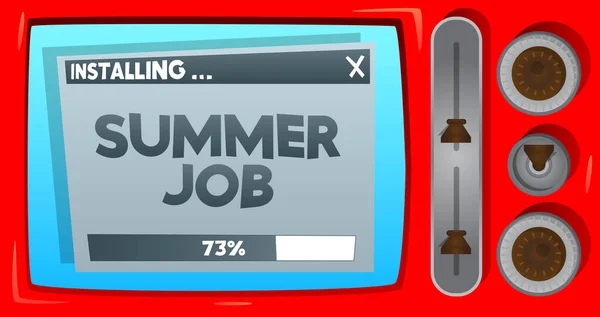 卡通计算机与 暑期工作 这个词 显示安装窗口的屏幕的消息 — 图库矢量图片