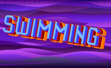 Yüzme. Geometrik arkaplanlı pikselli kelime. Vektör çizgi film illüstrasyonu.